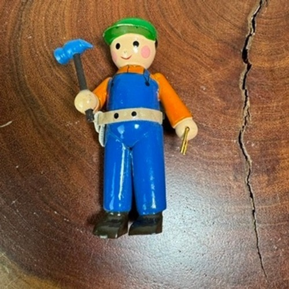 Vintage Wooden Carpenter Figurine Hand Painted Handyman Toy Blue Overalls 3.25"